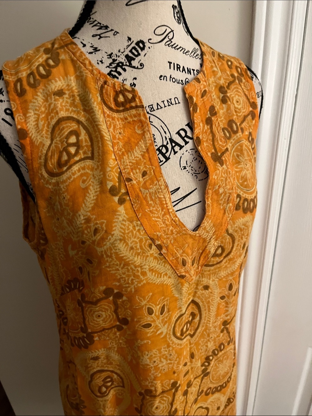 Sleeveless V-Neck Tunic in Mustard Yellow - Lightweight Boho Print - Picture 4 of 9